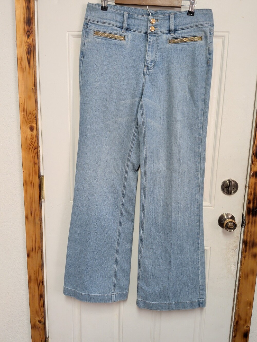 Cache Light Blue Embellished Pockets Boot Cut Bling Jeans Size 12 Y2K Flared